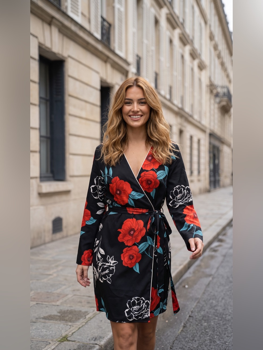 Black Floral Wrap Dress with Red Blooms Size S